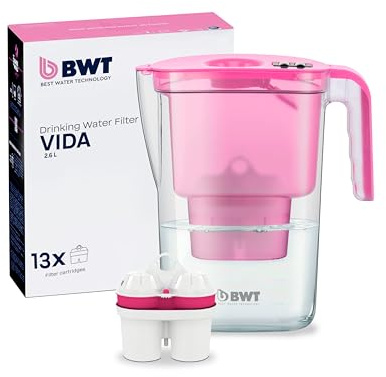 BWT Filtro de Agua Vida Rosa 2,6L + 13 Cartuchos de Filtro de Magnesio | Paquete Anual | Filtro de Agua Potable | Para Comidas & Bebidas | Filtra Cal, Cloro, Plomo & Cobre