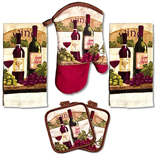 Lobyn Value Packs - Wine Lover’s Kitchen Grape & Wine Bottle Motif, 5 Piece Kitchen Towel Set with 2 Decorative Dish Towels (25 X15), 1 Oven Mitt (11 X 7) and 2 Potholders (6.5 X 6.5)