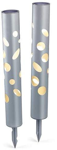 Esotec Solar Gartenstecker Gartenfackel FantasyLight 2er Set Alu 102132 | 2 Solarleuchten aus Aluminium mit warmweiß/kaltweiß, Duo Color, Dämmerungssensor, bis 8 Std. Leuchtdauer, IP44, Höhe je 48cm