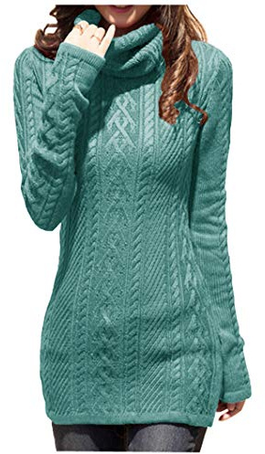v28 Women Polo Neck Long Slim Fitted Dress Bodycon Turtleneck Cable Knit Sweater, Jadeblue, M