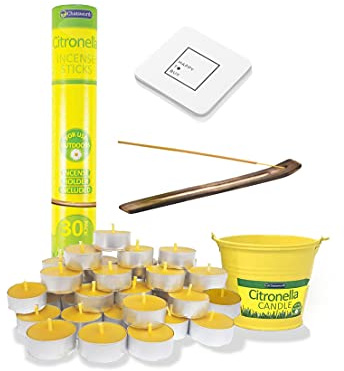 Citronella Candles Outdoors Set For Garden, Patio, Camping, Barbecue, Summer Party, Yoga - Insect Repellent Bucket Candle With Coaster x 1, Incense x 30 and Tealights x 25 - Mosquito Repellent