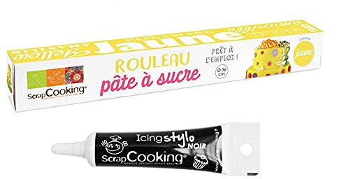 Pâte à sucre en rouleau jaune Ø 36 cm + Stylo de glaçage noir