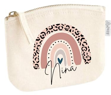 minimutz Schminktasche für Mädchen mit Regenbogen & Name | Motiv Rosa Leo inkl. Namensdruck|Personalisierter Kulturbutel Kosmetiktäschchen Organizer Damen S (14x11 cm) beige