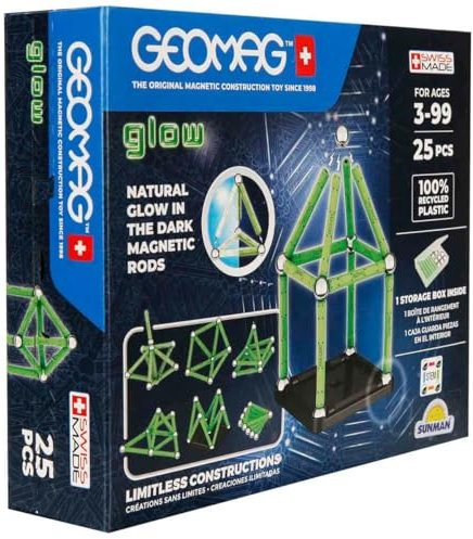 Geomag, Glow Recycled, Magnetische Konstruktionen mit Leuchteffekt, Magnetstäbe, die im Dunkeln Leuchten, 25-teilige Packung, 100% Recycling-Kunststoff