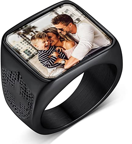 Custom4U Personalisierter Siegelring Herren Edelstahl mit Farbbild/Schwarzes Bild Gravur Memorial Männer Jungen Ehering Verlobungsring Silber/Schwarz/Gold Ringgröße 54.4(17.25)-72.3(22.75)