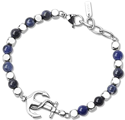 GAVU Pulsera de Piedras Naturales para Hombre con Cuentas de Sodalita Azul Pepitas Cuadradas de Acero Inoxidable y Dije de Ancla