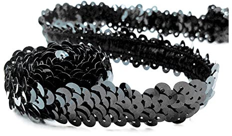 SHTGOI 10 Yards Pailletten Bänder Elastisch Glitzer Paillettenbesatz 2 cm Breite Paillettenband Trim 2-Reihiger Paillettenborte Stoffband für DIY Nähen Kleidung Handwerk Deko Schwarz