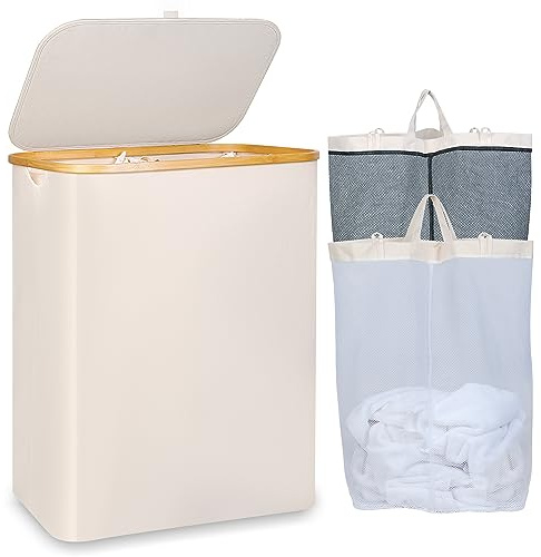 IEGrow Laundry Hamper with Lid,150L Laundry Basket with 2 Mesh Bags,Beige