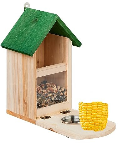 Relaxdays Eichhörnchen Futterhaus, Holz, Eichhörnchenfutterstation mit Maiskolbenhalter, Napf, Sitzplattform, Natur/grün