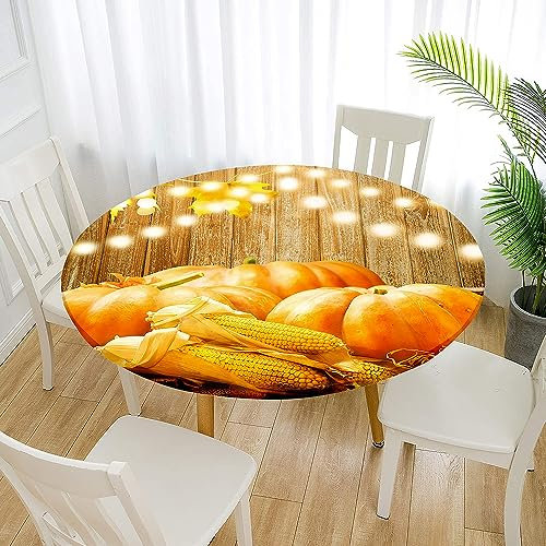 Morbuy Kürbisse Drucken Rund Tischdecke Elastisch, Lotuseffekt Tischdecke Abwaschbar Tischdecken Gartentischdecke Indoor Outdoor Tischtuch (Durchmesser 180cm,Mais)
