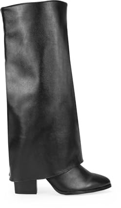 BOSANOVA Botas de caña Alta confeccionadas en Piel Vegana Color Negro con Detalle de caña plegada, Puntera Alargada y tacón Ancho de 7 cm. Sin Cierre. Calzado para Mujer Negro 38