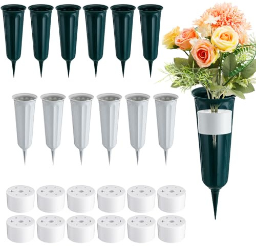 Sunnychicc 12 Set Cemetery Vases for Grave Memorial Plastic Flower Vases with Spikes and Grave Floral Holder for Cemetery Grave Lawn Memorial Decorations(Gray, Green)