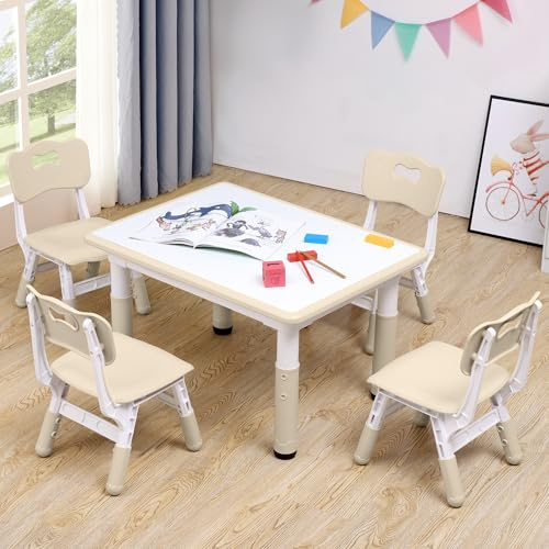 CuFun Adjustable Kids Table & Chairs Set for Ages 3-8 | 31.5x23.6 Easy-Clean Activity Table | Meets ASTM/CPSC Standards for Daycare, Homeschool & Playroom (Natural, 4 Chairs)