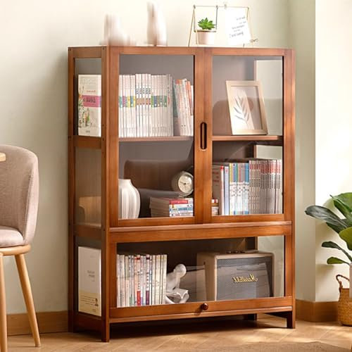 YQMHEZ Acryl-Vitrine, Sammlerregal, natürlicher Bambus, dreiseitige transparente Vitrine mit nebeneinander angeordneten Türen, versiegelt und staubdicht (Color : Brown, Size : 60 * 32 * 106cm)