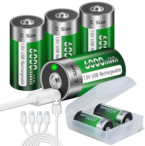 Palogreen 4 Pieces Rechargeable C Batteries USB 6000mWh - 1.5V/Lithium Rechargeable Baby C Battery High Capacity With Type C Charging Cable (6Pcs)
