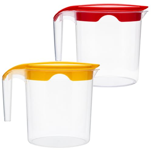 Set of 2 Plastic Water Jug with Lid 1 Liter Milk Juices Drinks Fridge Jug Ideal for Everyday Use Indoor Outdoor Party (Red & Yellow)