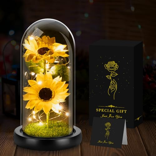 Cadeaux Fete des Meres,Fleur Eternelle sous Cloche avec LED, Tournesols Cadeau pour Homme Femme Maman Mère Grand-mère, Cadeau éternel pour Femme pour la Thanksgiving fête des mères, Anniversaire, Noël