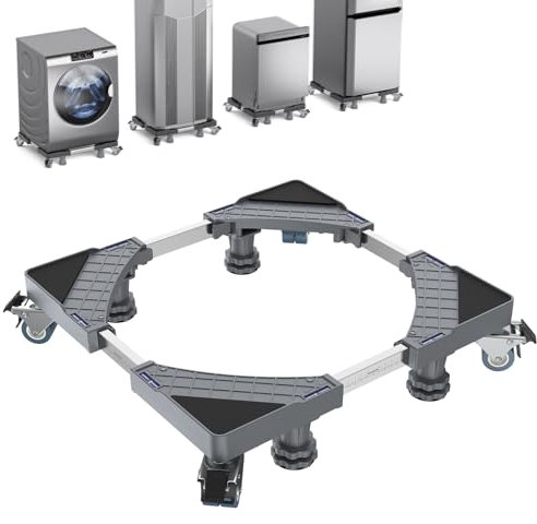 Base Lavadora con 4 Patas y 8 Ruedas con Bloqueo, Pedestales Móviles para Lavadora, Secadora, Frigorífico Capacidad De Carga 500 Kg(Gris, Ajustable: 45,5 – 70 cm)