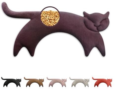 LESCHI Coussin chauffant micro ondes (47x23cm) en coton 100% bio, Chat violet, Bouillotte graines de blé 100% bio, Bouillotte micro-ondes idéale pour réchauffer cervicale, épaules, cou, nuque
