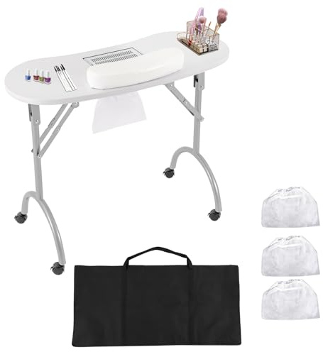 Nageltisch mit Absaugung, Faltbar Tragbarer Maniküre Tisch mit Wasserdichte Tragetasche, 4 Universelle Räder und 3 Staubsaugerbeutel, Mobiler Maniküretisch, Tragfähigkeit 30kg, 90 x 40 x 72.5cm