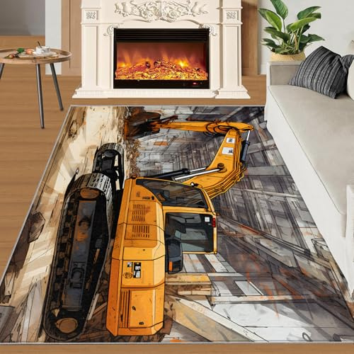 SANSJI Bau-Teppiche für Wohnzimmer, Jungen, Teppiche für Schlafzimmer, gelbe Bagger-Teppiche, rutschfest, waschbar, Baufahrzeug, schmutzabweisend, Teppich für Spielzimmer, 150 x 180 cm