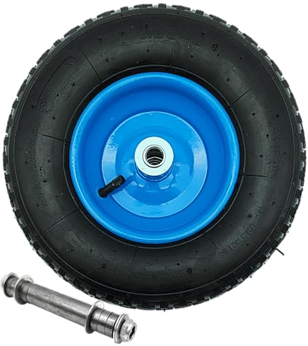 HERO Schubkarrenrad 4.00-6 4PR - Rad mit 16mm Achsloch - Luftbereifung Ø 330 mm – Ersatzrad mit blauer Stahlfelge, Kugellager, 136 kg Traglast – Schubkarrenreifen Komplettrad mit Universal-Achse
