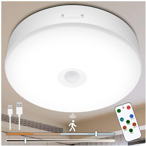 Toowell 10000mAh Rechargeable Plafonnier LED Detecteur de Mouvement avec Telecommande Lampe de Plafonnier avec Détecteur de Mouvement LED Plafond Sans Fil pour Douche Salle de Bain Garage Escalier