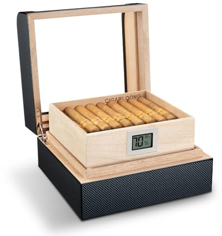 CIGARLOONG Cigar Humidor for 70 Cigars, Desktop Cedar Wood Cigar Storage Box with Hygrometer and Humidifier, Airtight Humidor with Shelf (Grey)