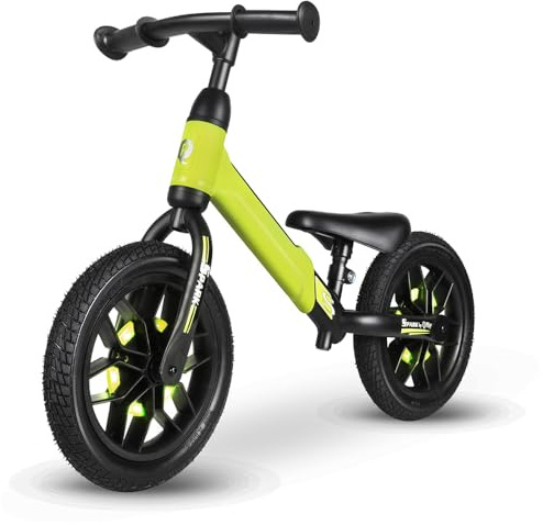 QPLAY Balance Bike Spark Bicicletta senza pedali con luci a LED a dinamo, per bambini dai 3 ai 6 anni, Bicicletta d'equilibrio, regolabile in altezza, portata fino a 30 kg, ruote 12 pollici, green