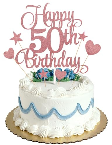50th Happy Birthday Cake Topper Rose Gold Glitter,Personalised Cake Toppers for Men Boys Women Girls Birthday Party Cake Decorations Kit with Star Heart Cupcake Topper