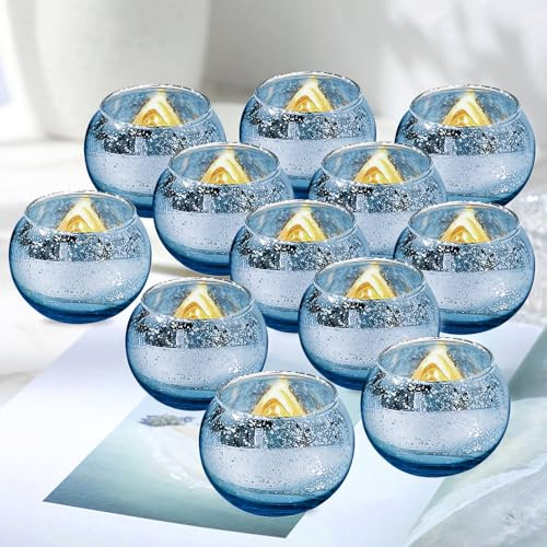 PORFOYO Photophore Verre, 12 Pièces Photophores en Verre Mercure, Photophores Votifs, Verres à Bougies Chauffe-Plat 6,6 X 5,5 Cm, Porte Bougie Votif Rond Pour Décoration de Table, Mariage, Fête (Bleu)