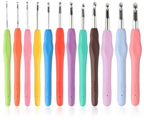 Aiguilles à Crochet Set, Ensemble de 12 pcs Crochet à Tricoter avec Poignées Ergonomiques en Caoutchouc à Prise Souple, kits de Crochet pour Adultes Débutants, Cadeau Pour Femme Sœur