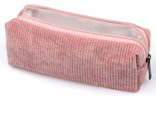 1 Trousse à Crayons en Velours Côtelé,Trousse Ronde de Grande Capacité Trousse Scolaire Trousse Scolaire Velours Cotelé,Trousse Université Fournitures Scolaires et de Bureau pour étudiants-Rose