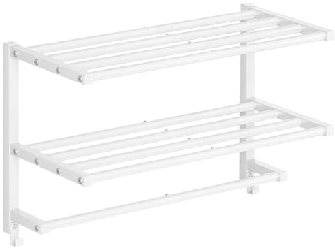 Toallero de Pared de 3 Niveles con Ganchos, Estante Metálico de Baño, para Toallas y Objetos de Aseo, 60,5 x 21,5 x 38,5 cm, Blanco EWT08LB01