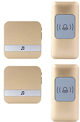 FHSLKXIM Sonnette sans Fil Étanche, Carillon Intelligent Universel, Portée De 300 M, 2 Boutons Poussoirs + 2 Récepteurs, 52 Sonneries, 4 Niveaux De Volume, Doré