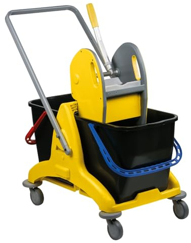 Carrello Mocio + Strizzatore – Doppio Secchio da 50 L (25+25L) – Carrello Lavapavimenti Professionale
