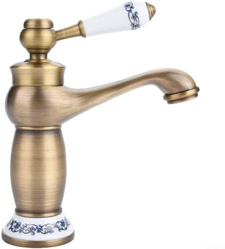HEBEOT Robinet mitigeur de lavabo en laiton de style européen antique, finition noire et dorée, construction en cuivre massif, poignée unique, bec anti-éclaboussures, design ergonomique, installation