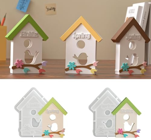 2 Stück Silikonform Ostern Haus, Silikonformen Gießformen Frühling Silikonform Haus mit Vogel Gipsformen zum Gießen Gießformen Silikon Ostern Silikonformen Häuser Gießform Frühling Vogel (A)