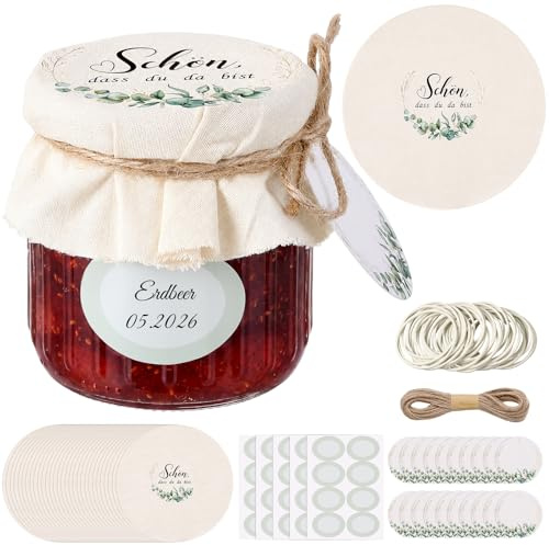 Nezyo 30 Sets Marmeladendeckchen Stoff Hochzeit & Schmuckdeckchen für Einmachgläser - Schön,dass du da Bist - Hochzeit Gastgeschenke Tuafe Deko Gläserdeckchen mit Marmeladen Etiketten Geschenkanhänger