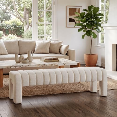 Zesthouse 160cm Extra Long Ottoman Bench, Channel Tufted End of Bed Bench | Linen Upholstered Seat, Tool-free Assembly, Wood Frame, 300kg capacity, Adjustable Feet, for Bedroom Living Room Hallway