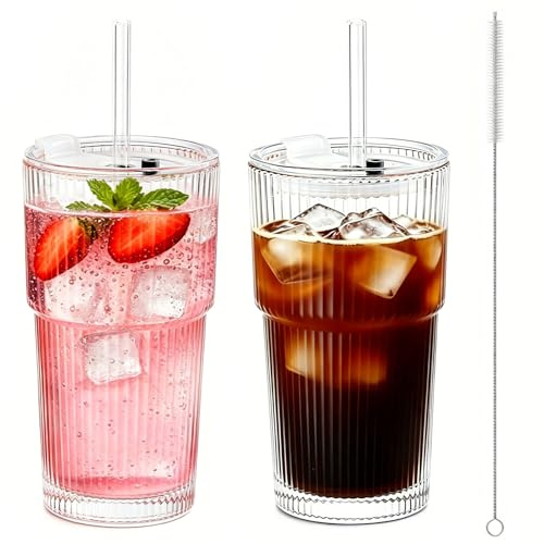 2 Pack 20 oz Ribbed Glass Cups-600ml Tumbler with Lid and Straw, Reusable Glass Cups with Lid and Glass Straw for Iced Coffee, Cocktail, Tea, Smoothie, Iced Latte, Matcha, Cold Drinks (600ml)