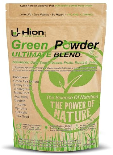 Hion Super Greens Powder | 11 Superfoods incl. Wheatgrass, Spirulina, Chlorella & Green Tea | Energy, Gut & Immune Support | No Fillers | Vegan & Gluten-Free | 30 Servings | Award-Winning & UK Made