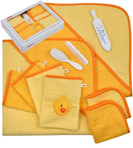 Wörner Geschenk-Set 2 Seiftücher 4 Waschlappen 2 Kapuzenbadetücher 80x80cm unbestickt Uni Frottee Bade-Entchen Bürste Kamm Badethermometer gelb
