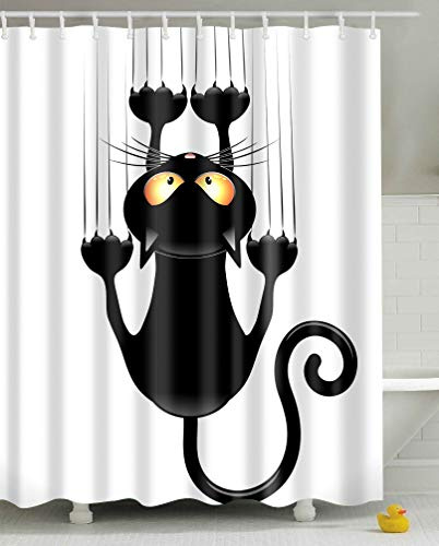 Leashy Tenda da doccia, design divertente con simpatico gatto, impermeabile, antimuffa, con ganci inclusi (gatto nero, 150x180)