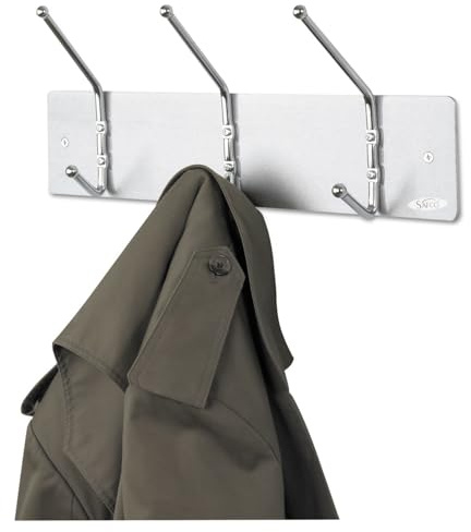Pemberly Row Wall Coat Rack, Set of 12, 3 Chrome Steel Hooks, Satin Aluminum Back Plate, 18 w x 3.75 d x 7 h, Ball Tip Design, Mountable for Reception Areas or Entryways