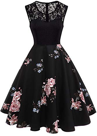 AXOE Women's Vintage Fit & Flare Dress 1950s Style Floral Print Sleeveless, Below Knee, UK Size 16 | Fitted Stretch Bodice & Cotton Flare Skirt, Lightweight, A-Line, Knee-Length for Cocktail Party, Brunches, Wedding Guest