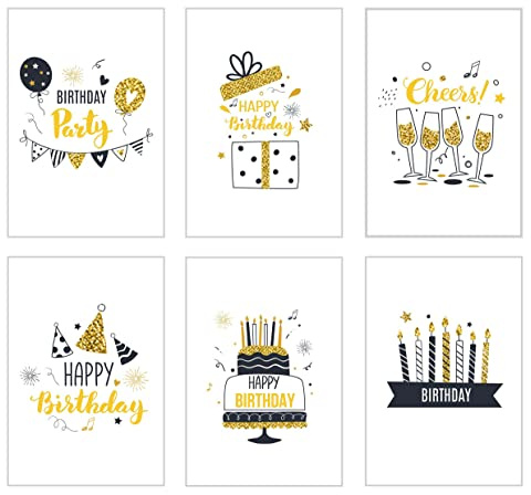 Set 6 exklusive Geburtstagskarten mit feiner Goldprägung und Umschlag. Glückwunschkarte Grusskarte zum Geburtstag. Geburtstagskarte Karte Mann Frau (Doppelkarten/Klappkarten mit Briefumschlag)