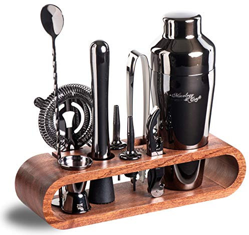 Mixology - Juego de coctelera de 10 piezas, kit de camarero casero en soporte de caoba con cuchara, coctelera Boston, otras herramientas para mezclar bebidas, martini, cóctel sin alcohol - Juego de