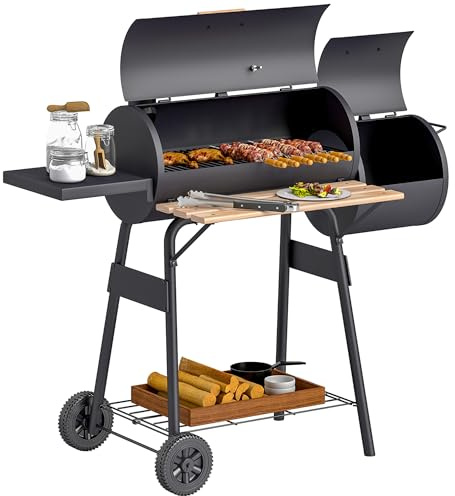 Outsunny Smoker Grill BBQ Holzkohlengrill Grillwagen Multifunktion mit 2 x Brennkammer Schornstein Metall + Tannenholz Schwarz 124 x 53 x 104 cm