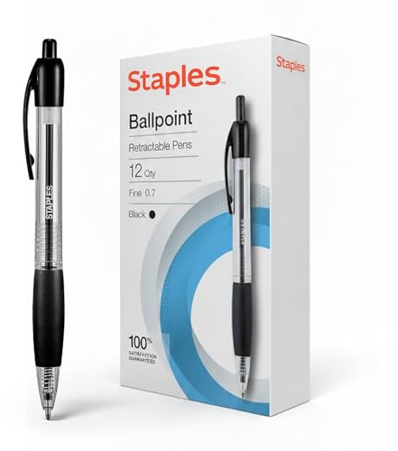 STAPLES Retractable Ballpoint Pens, Medium Point 1.0mm, Black Ink, 12 Pack – Comfortable, Smooth‑Writing Pens for Everyday Office Use